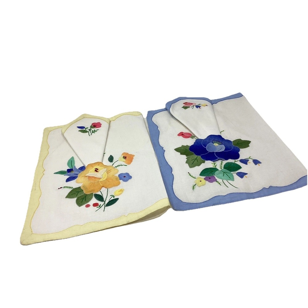 Vtg Napkins & Placemats Blue/Yellow Floral Applique Sunham & Co. (2) Sets